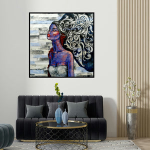Suruchi Jamkar's 'The Thinker' painting visualized above a sofa in a contemporary room.