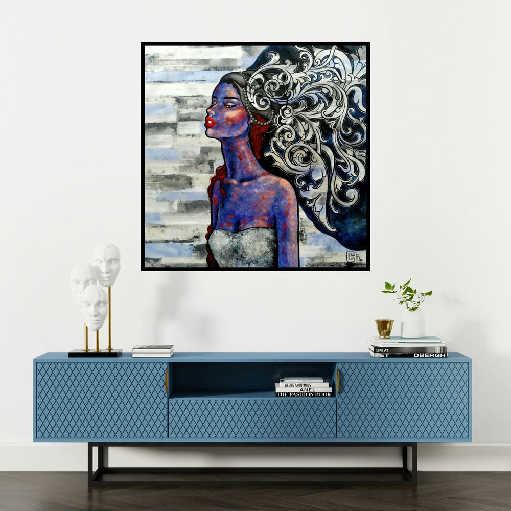 'The Thinker' painting by Suruchi Jamkar shown on a wall in a furnished room.