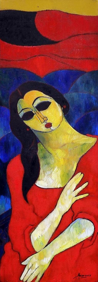 Figurative oil painting titled 'Thinking', 12x36 inches, by artist Abrar Ahmed on Canvas