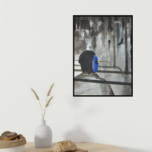 Manish Sutar's 'Thinking In Bus (Urban Contemplation: A Figurative Composition)' painting visualized above a sofa in a contemporary room.