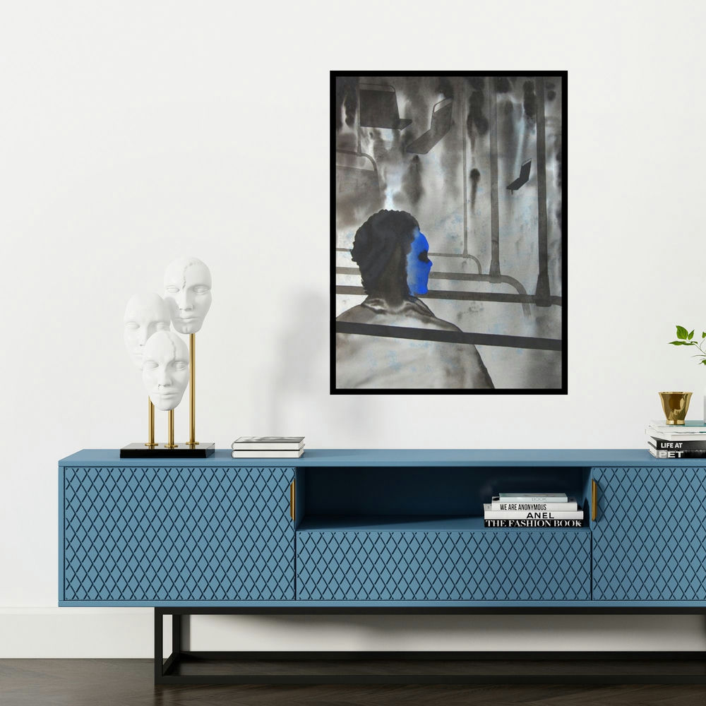 'Thinking In Bus (Urban Contemplation: A Figurative Composition)' painting by Manish Sutar shown on a wall in a furnished room.