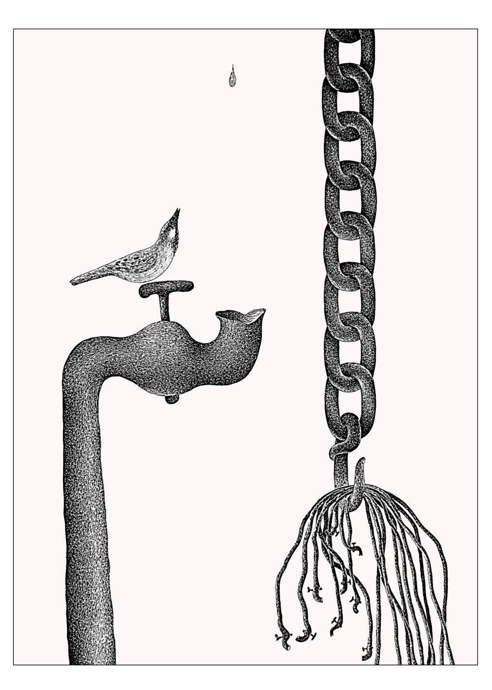 Nature pen drawing titled 'Thirst 53', 22x30 inches, by artist Nuril Bhosale on Paper