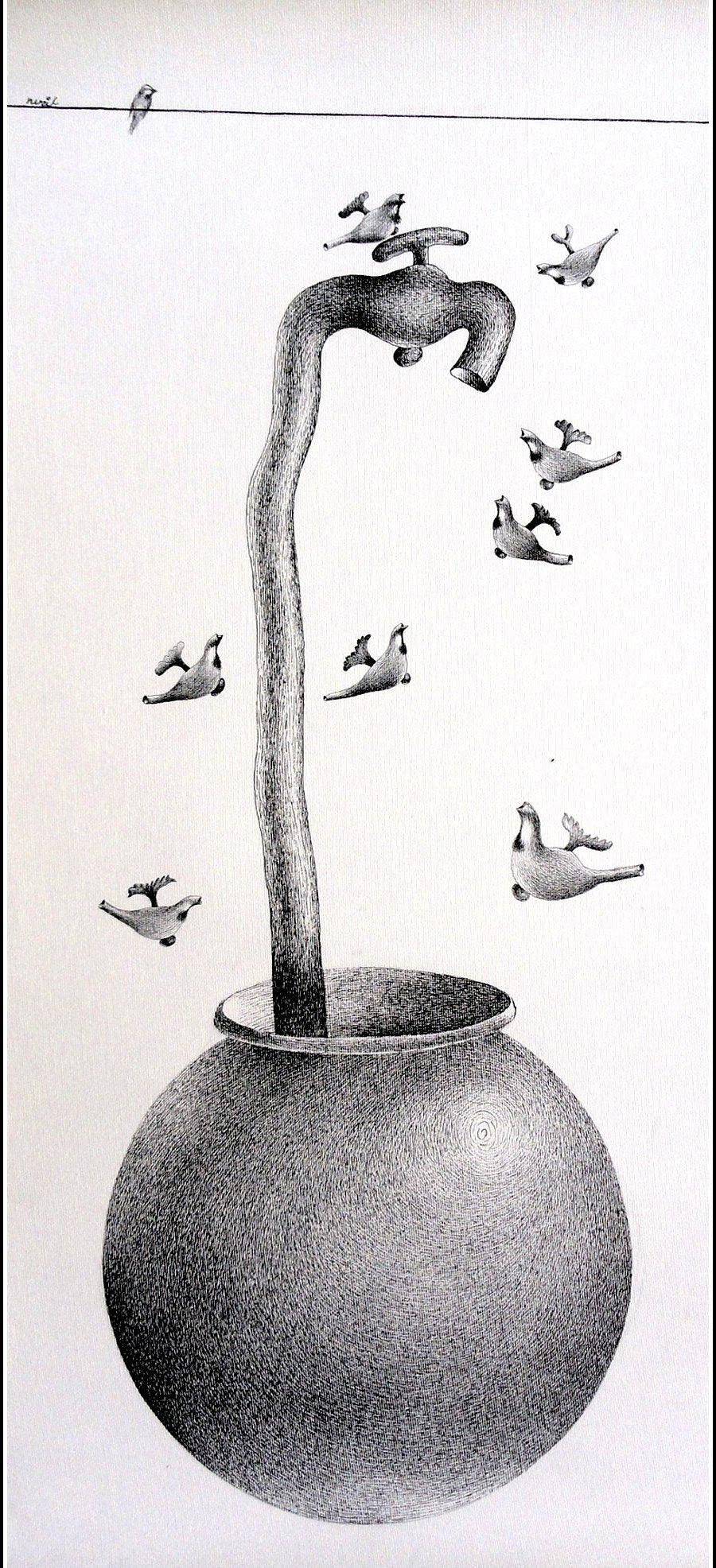 Pots/Vessels pen drawing titled 'Thirst 75', 16x30 inches, by artist Nuril Bhosale on Paper