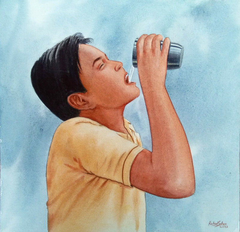 Thirst' figurative watercolor painting by artist Rahul Salve, 12x12 inch, on paper