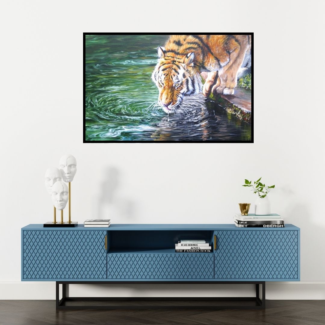 Preview of 'Thirsty (Thirsty Tiger)' Painting by Nihar Debnath shown on a wall in a furnished room.