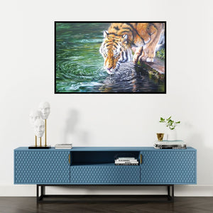 Preview of 'Thirsty (Thirsty Tiger)' Painting by Nihar Debnath shown on a wall in a furnished room.