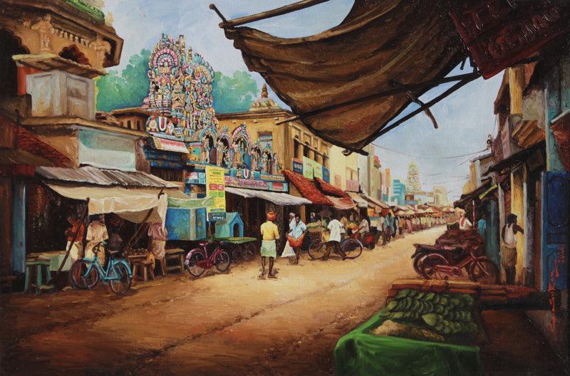 Cityscape oil painting titled 'Thirukudanthai 2', 24x36 inches, by artist Sriram Chinnadurai on Canvas