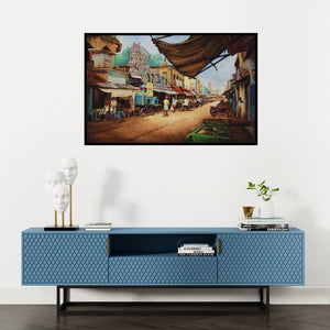 Preview of 'Thirukudanthai 2 (Serene Village)' Painting by Sriram Chinnadurai shown on a wall in a furnished room.