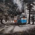 Cityscape acrylic painting titled 'This Tram Is', 20x24 inches, by artist Amlan Dutta on Canvas