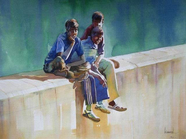 Figurative watercolor painting titled 'Those Days', 11x16 inches, by artist Bijay Biswaal on Paper