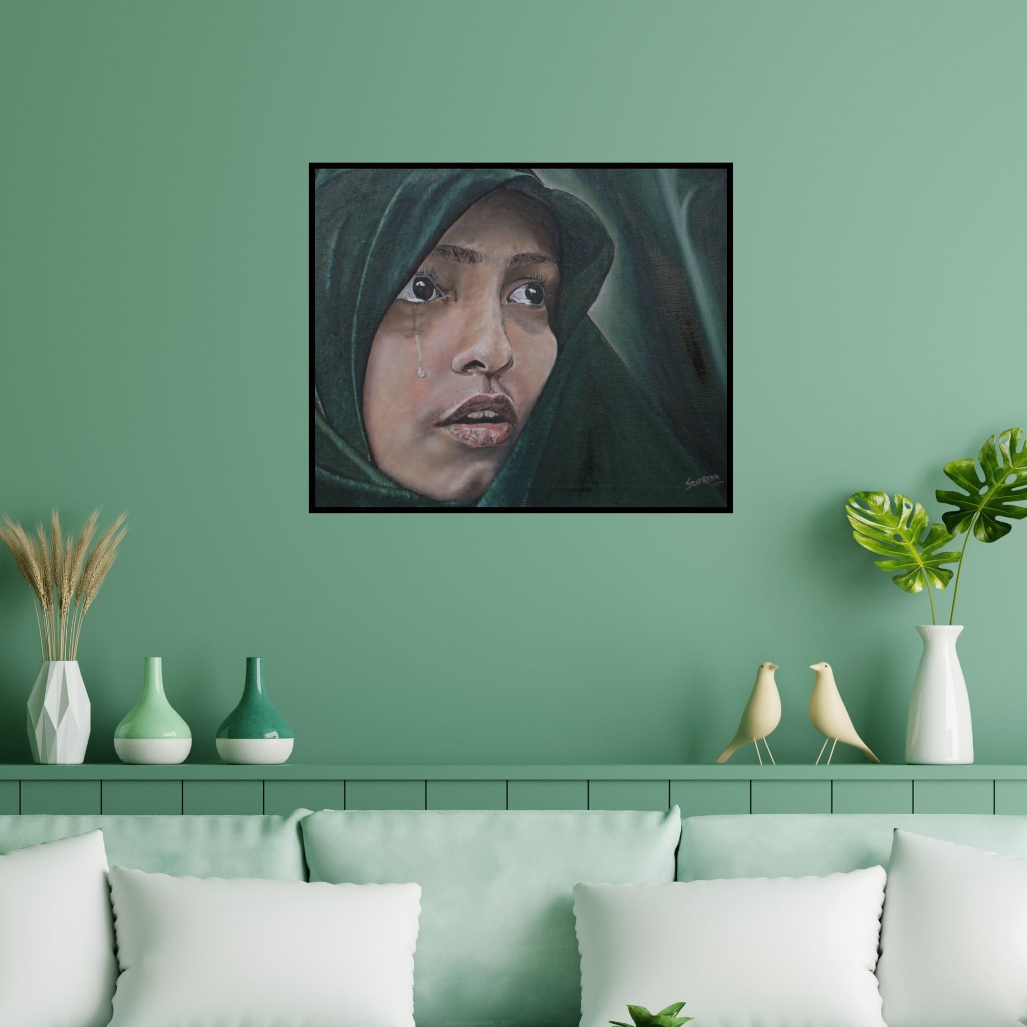 Preview of 'Those Limpid Pools' Painting by Sripriya Mozumdar shown on a wall in a furnished room.