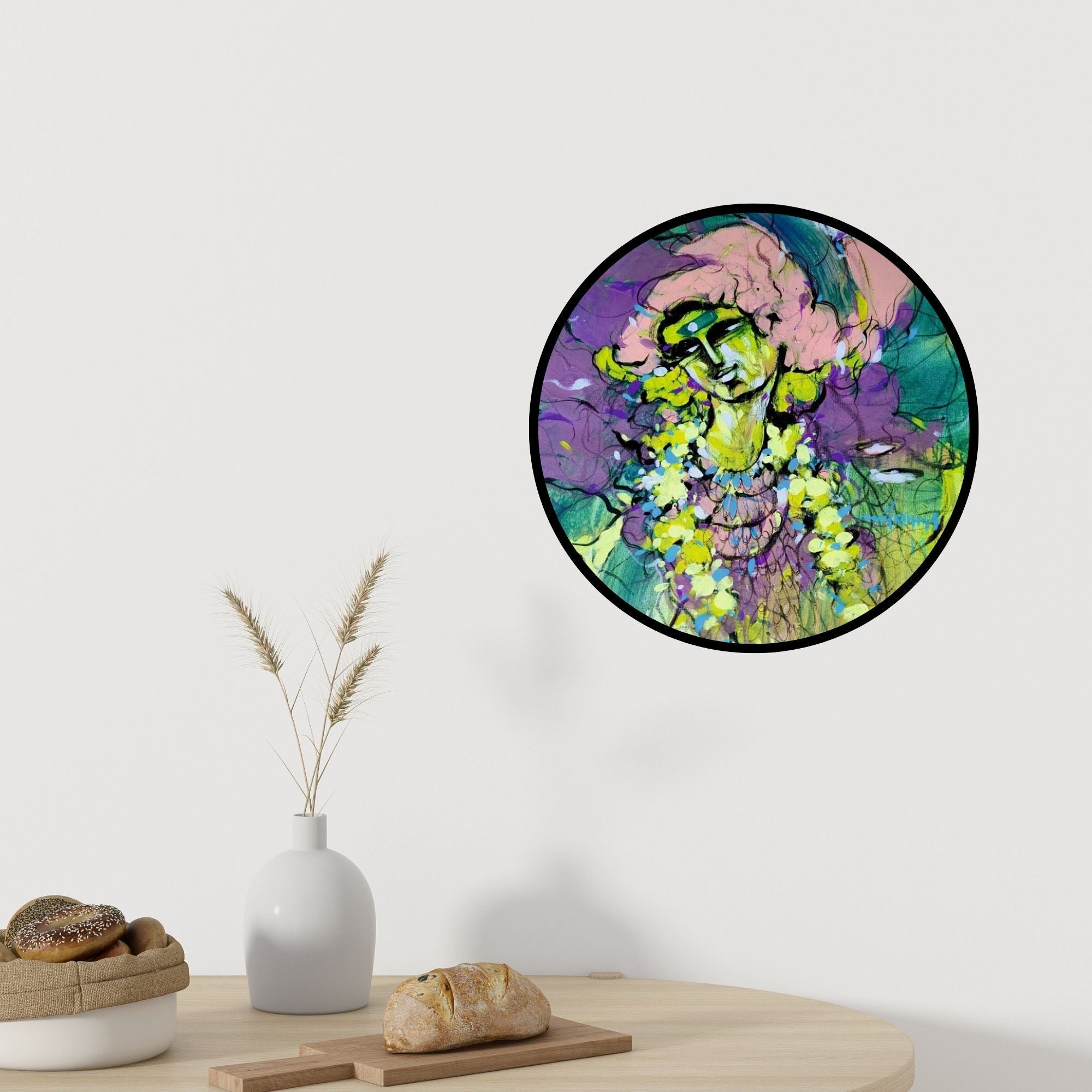 Preview of 'Thoughts' Painting by Dheeraj Yadav shown on a wall in a furnished room.