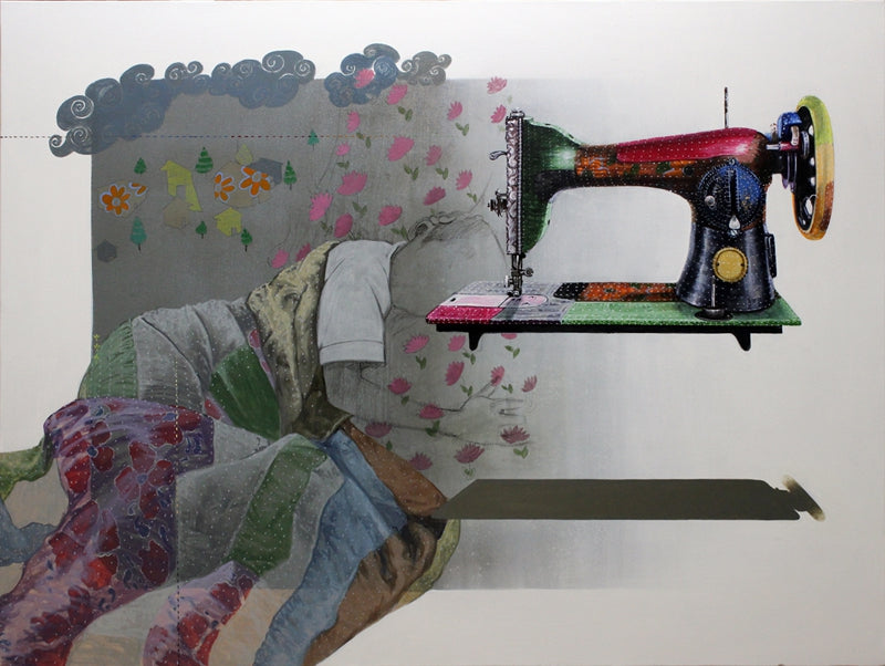 The Thread Of Her Hands' contemporary acrylic-charcoal painting by artist Ramchandra S Kharatmal, 36x48 inch, on canvas