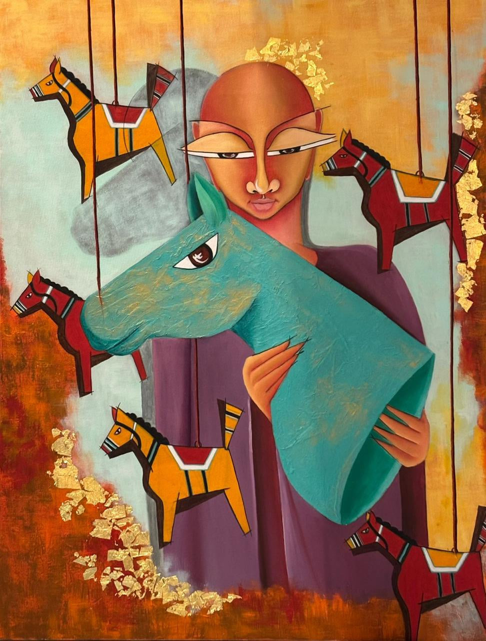 Threads Of Control 1' figurative mixed-media painting by artist Deepali Mundra, 40x30 inch, on canvas