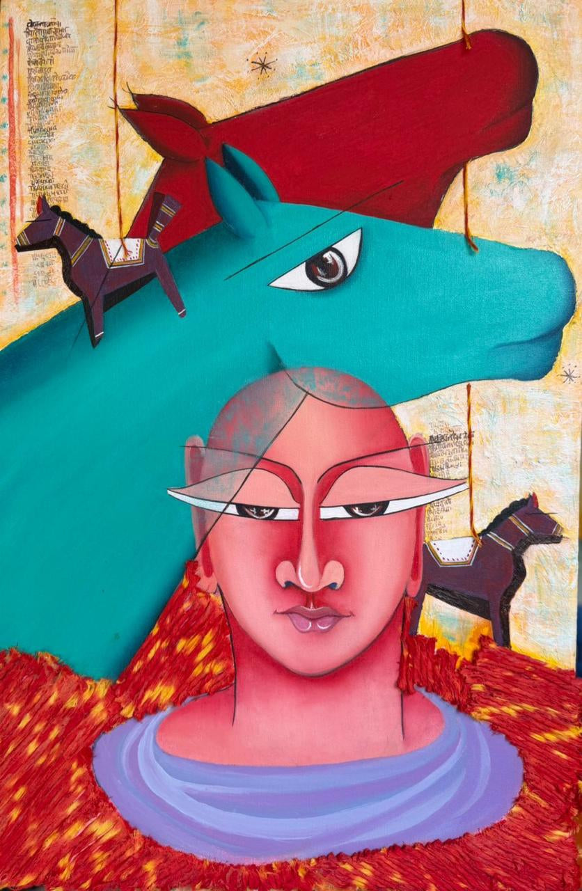 Threads Of Control 2' figurative mixed-media painting by artist Deepali Mundra, 30x20 inch, on canvas