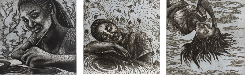 Three Active' figurative etching printmaking by artist Ranju Kumari, 6x19 inch, on paper