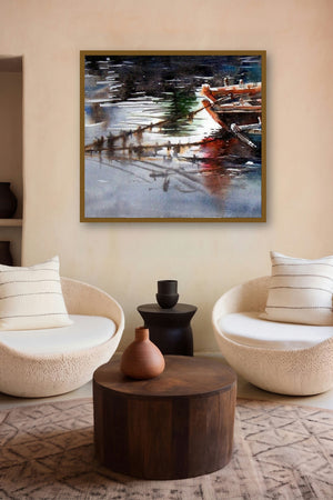 Three Boat (Waters Mirror: Boats in Reflection) by artist Sanjay Dhawale displayed in a Modern gallery