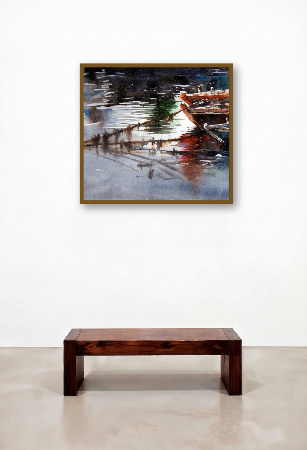 Three Boat (Waters Mirror: Boats in Reflection) by artist Sanjay Dhawale displayed in a Transitional Dining Room