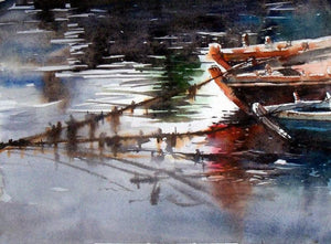 Three Boat (Waters Mirror: Boats in Reflection) by Sanjay Dhawale, Original Watercolor Seascape Painting on Handmade Paper, X-Small Horizontal Wall Art
