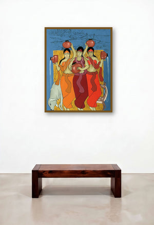 Three Chums (The Water Carriers) by artist Chetan Katigar displayed in a Scandinavian Dining Room