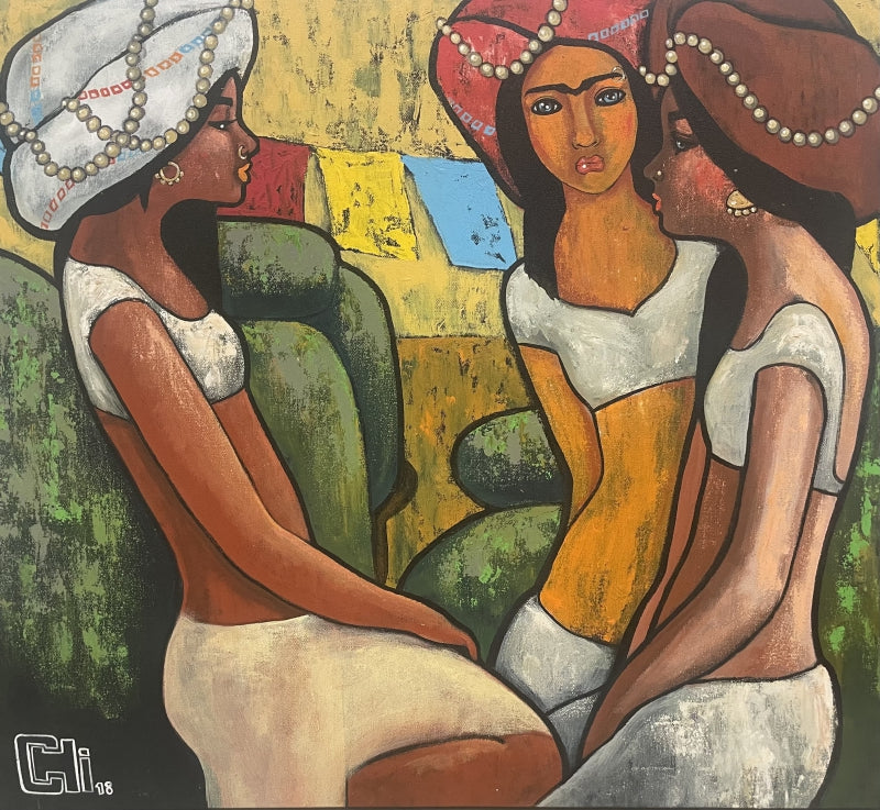 Three Friends 1' figurative acrylic painting by artist Suruchi Jamkar, 27x30 inch, on canvas