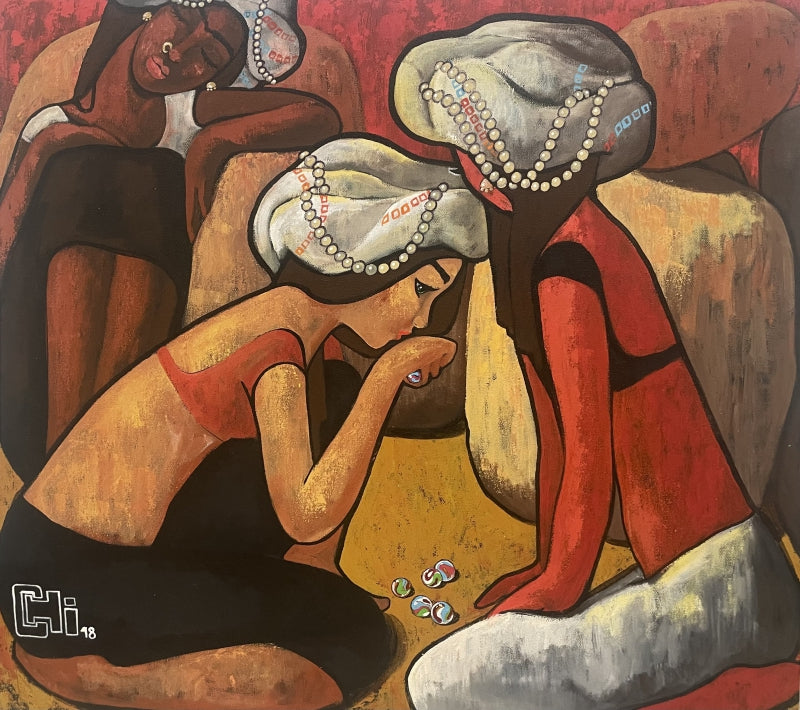 Three Friends 2' figurative acrylic painting by artist Suruchi Jamkar, 27x30 inch, on canvas