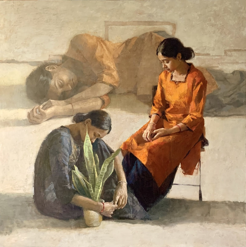 Three Of Me' figurative oil painting by artist Nilisha Phad, 48x48 inch, on canvas