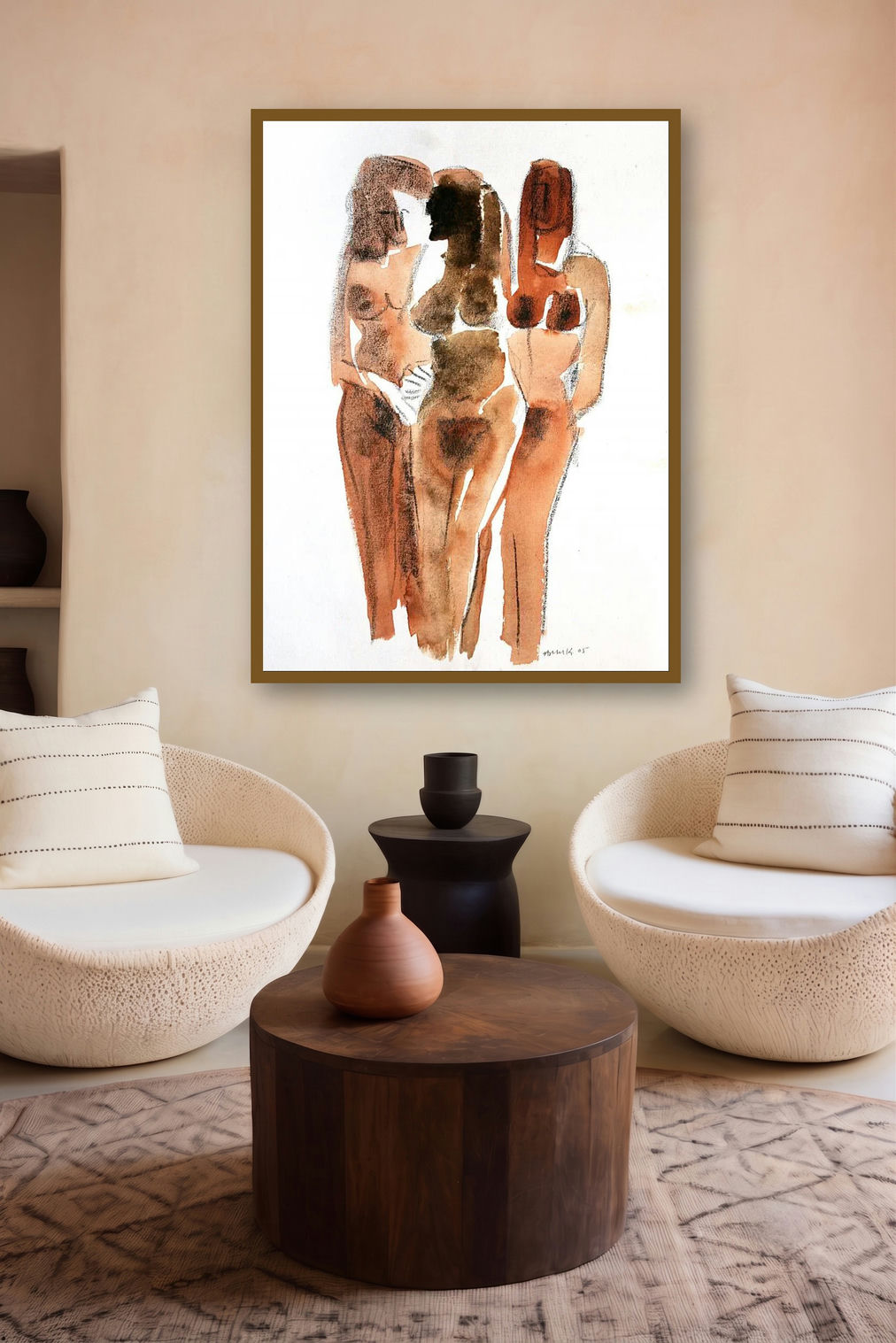 Three Nude Women 13 20 (Intertwined Forms) by artist Arun K Mishra displayed in a Minimalist gallery