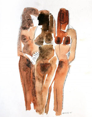 Three Nude Women 13 20 (Intertwined Forms) by Arun K Mishra, Original Watercolor Erotic Painting on Paper, Small Vertical Wall Art
