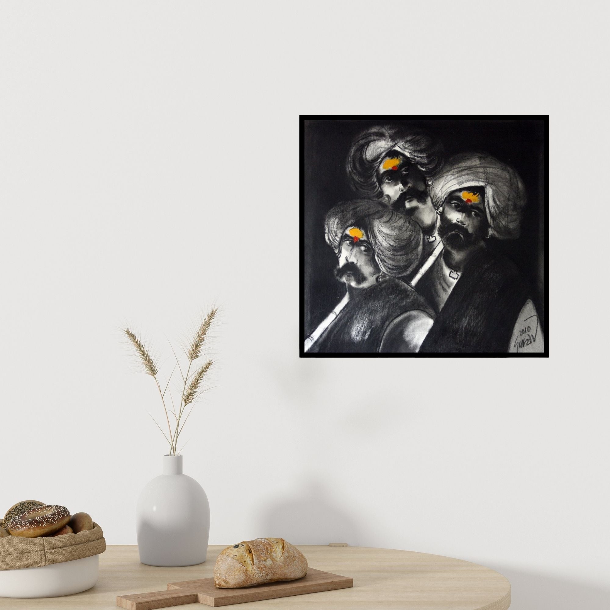 Preview of 'Three Shepherd (Guardians of Tradition)' Painting by Raosaheb Gurav shown on a wall in a furnished room.