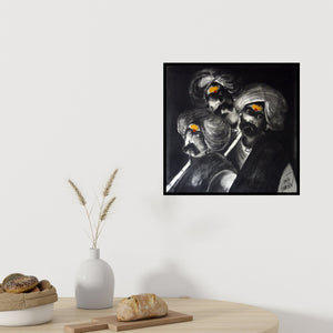 Preview of 'Three Shepherd (Guardians of Tradition)' Painting by Raosaheb Gurav shown on a wall in a furnished room.