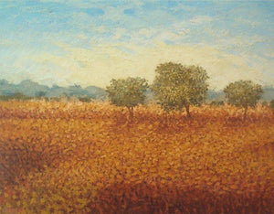 Three Trees by Fareed Ahmed, Original Oil Landscape Painting on Canvas Board, Small Horizontal Wall Art