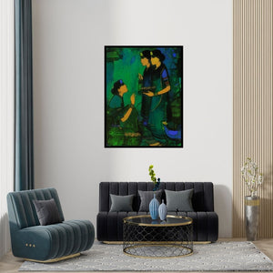 Preview of 'Three Women (Three Women)' Painting by Sachin Sagare shown on a wall in a furnished room.