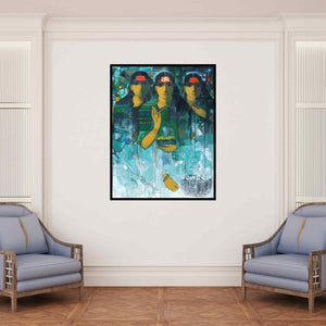 In-situ view of Sachin Sagare's 'Three Women 2' painting in a room