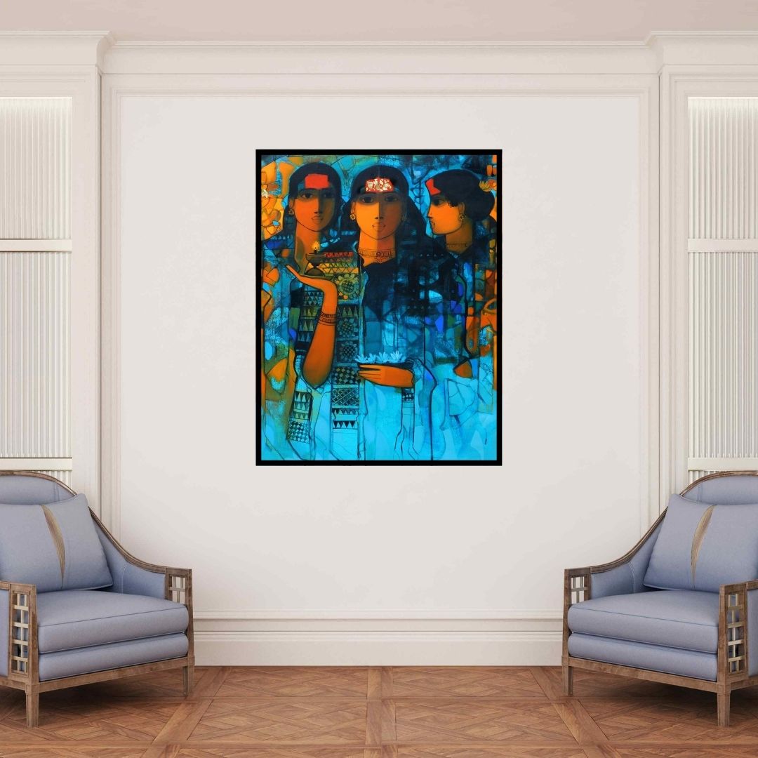 In-situ view of Sachin Sagare's 'Three Women 3' painting in a room