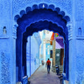 'Through The Blue Arch' cityscape watercolor painting by artist Ramesh Jhawar, 29x21 inch, on paper