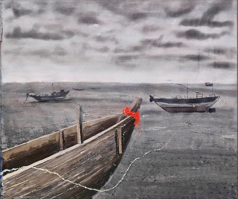 Tied To The Horizon' seascape acrylic painting by artist Anumitra Basu Mandal, 20x20 inch, on canvas