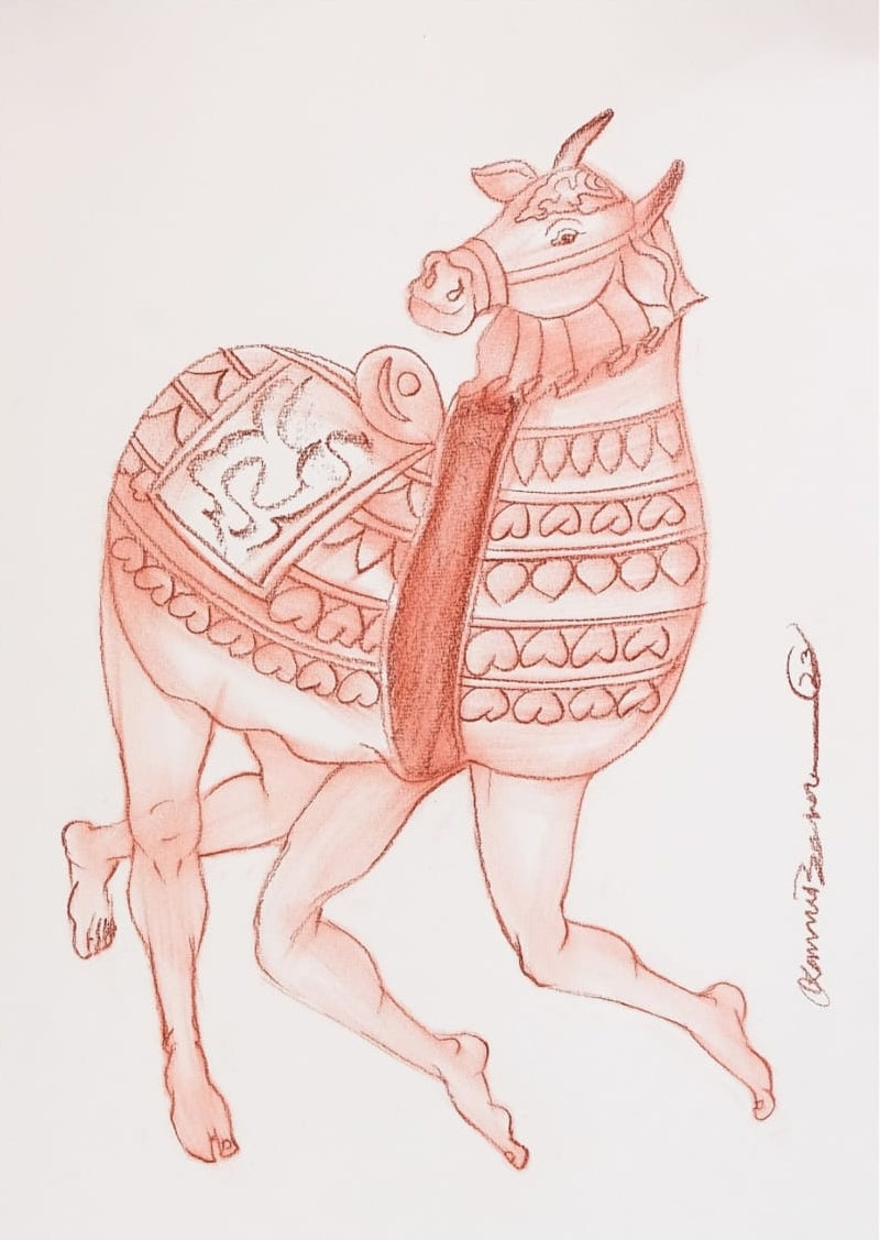 'Tiger Dance 2' religious conte drawing by artist Kanha Behera, 22x15 inch, on paper
