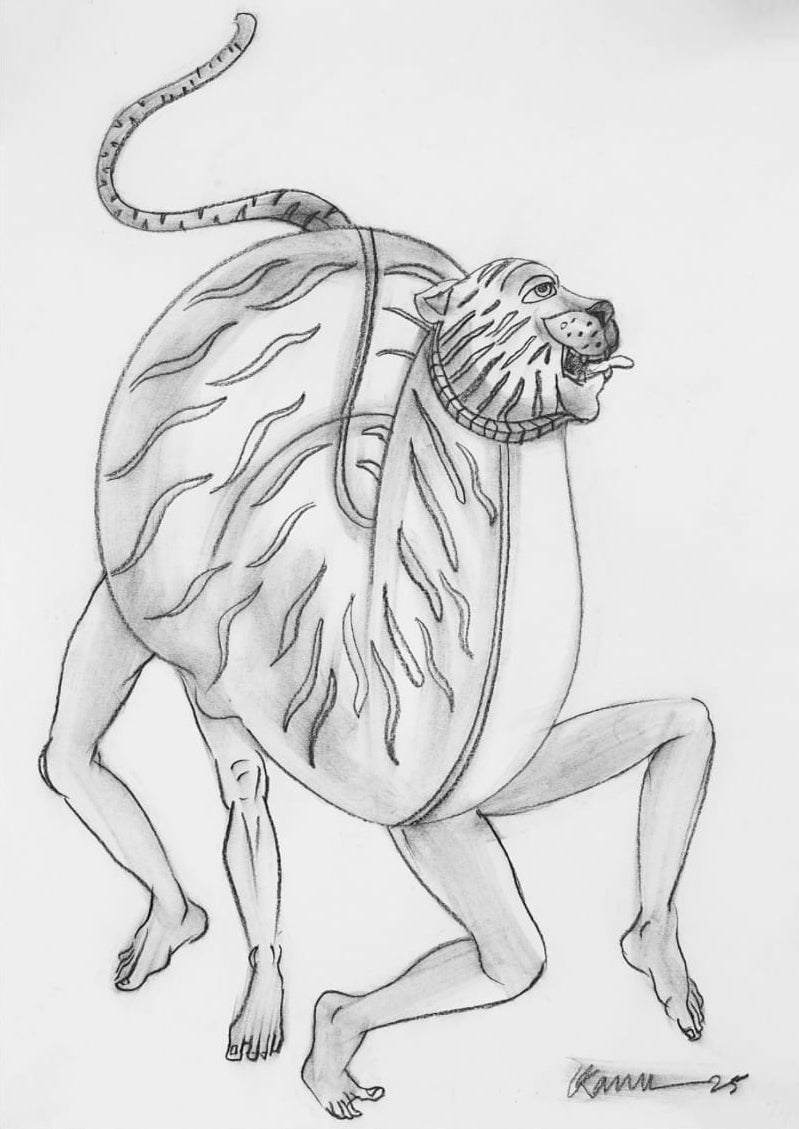 Tiger Dance 2' religious conte drawing by artist Kanha Behera, 22x15 inch, on paper