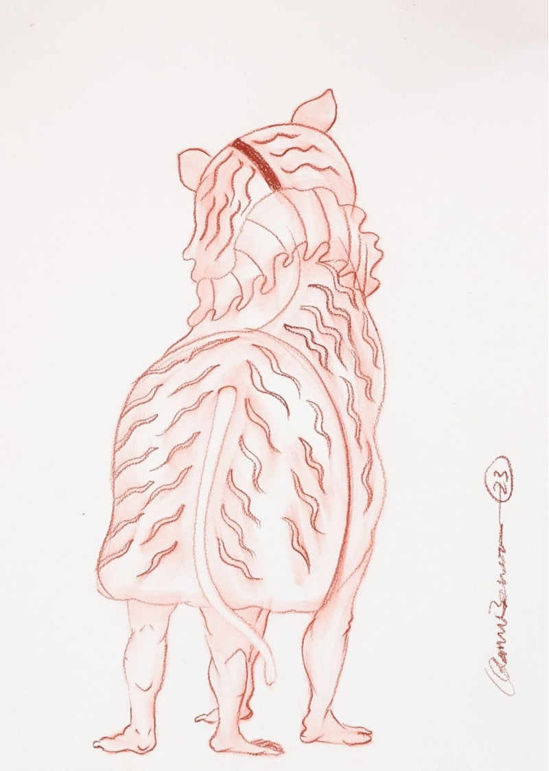 'Tiger Dance 3' religious conte drawing by artist Kanha Behera, 22x15 inch, on paper