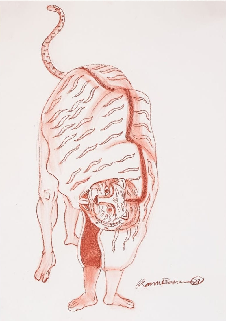 Tiger Dance 4' religious conte drawing by artist Kanha Behera, 22x15 inch, on paper