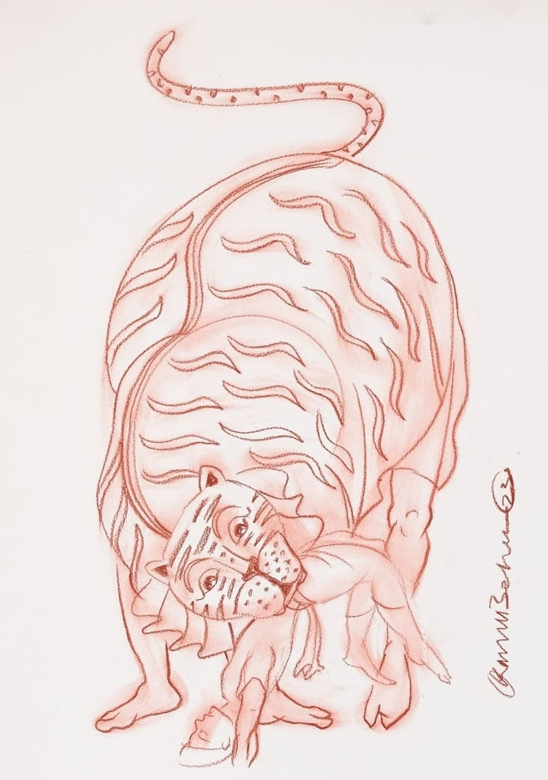 Tiger Dance 5' religious conte drawing by artist Kanha Behera, 22x15 inch, on paper