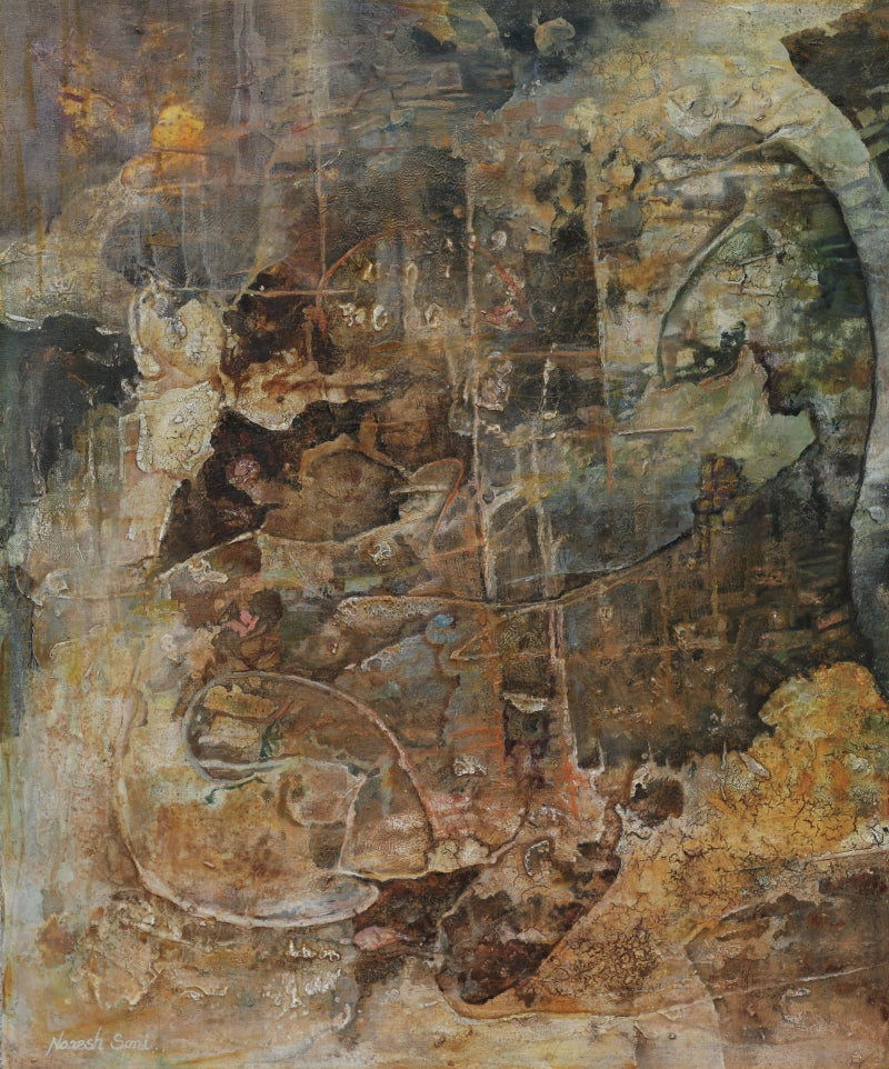 Time In Ochre' contemporary mixed-media painting by artist Naresh Soni, 28x23 inch, on canvas