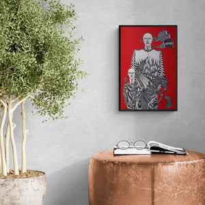 Preview of 'Time Travel' Painting by Umed Rawat shown on a wall in a furnished room.