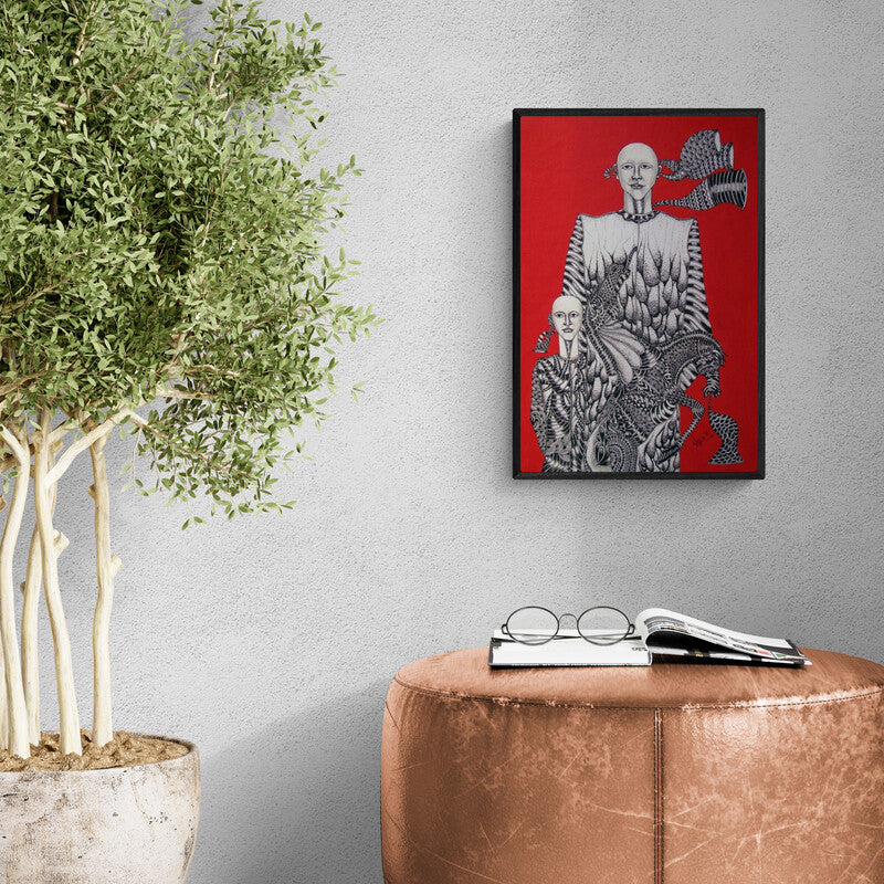 Preview of 'Time Travel' Painting by Umed Rawat shown on a wall in a furnished room.