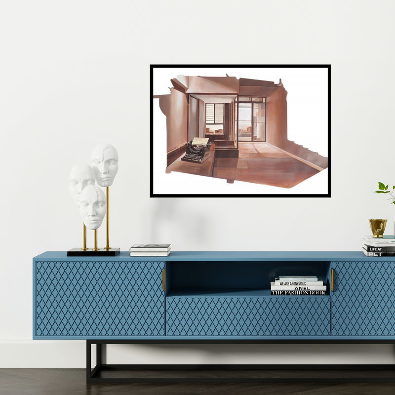 Preview of 'Time Worn (A Room of One's Own)' Painting by Bhartti Verma shown on a wall in a furnished room.