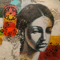 'Timeless Whispers 2' figurative mixed-media painting by artist Srinivasa Ram Makineedi, 18x18 inch, on canvas