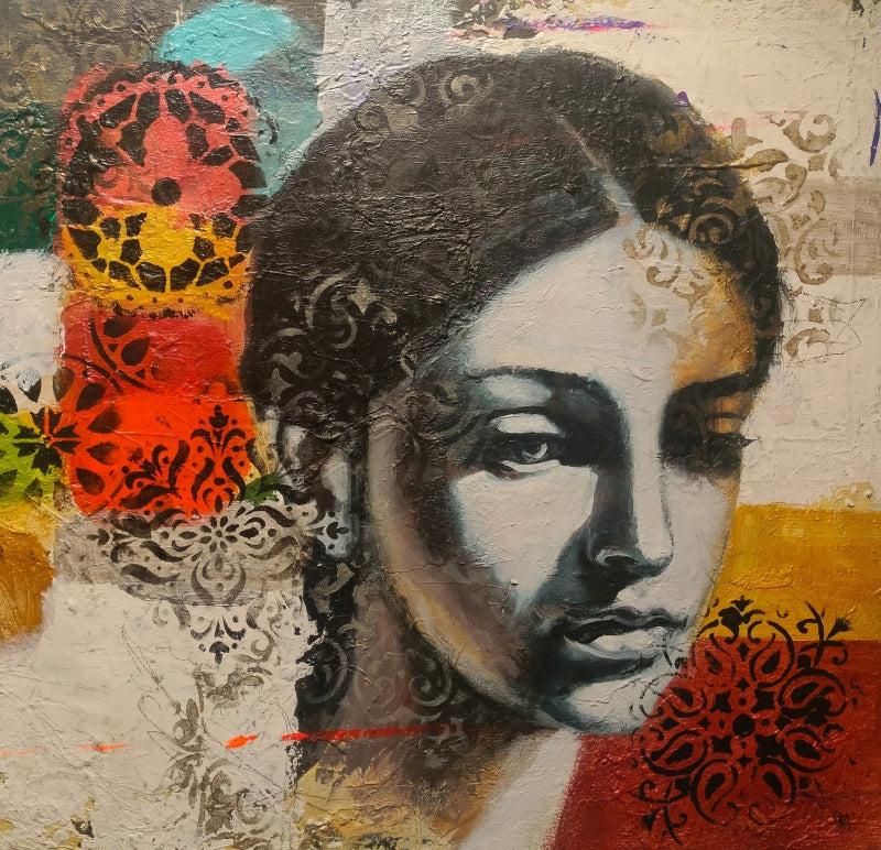 'Timeless Whispers 2' figurative mixed-media painting by artist Srinivasa Ram Makineedi, 18x18 inch, on canvas