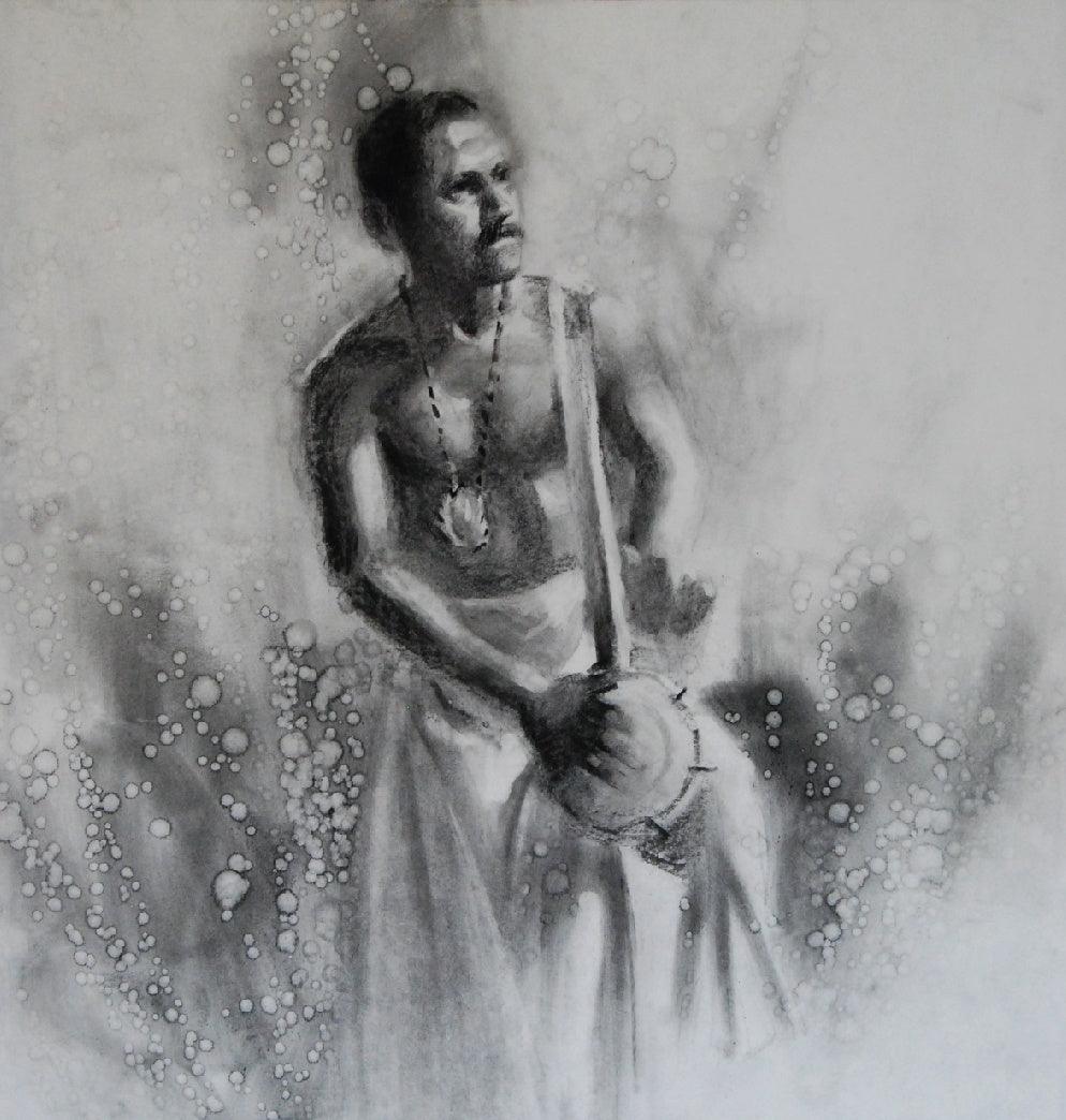 Figurative charcoal drawing titled 'Timila 2', 24x24 inches, by artist Pankaj Bawdekar on Paper