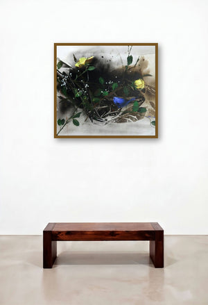 Tiny Beauty (A Song of Yellow and Blue) by artist Bhaskar Mandolu displayed in a Japandi Home Office